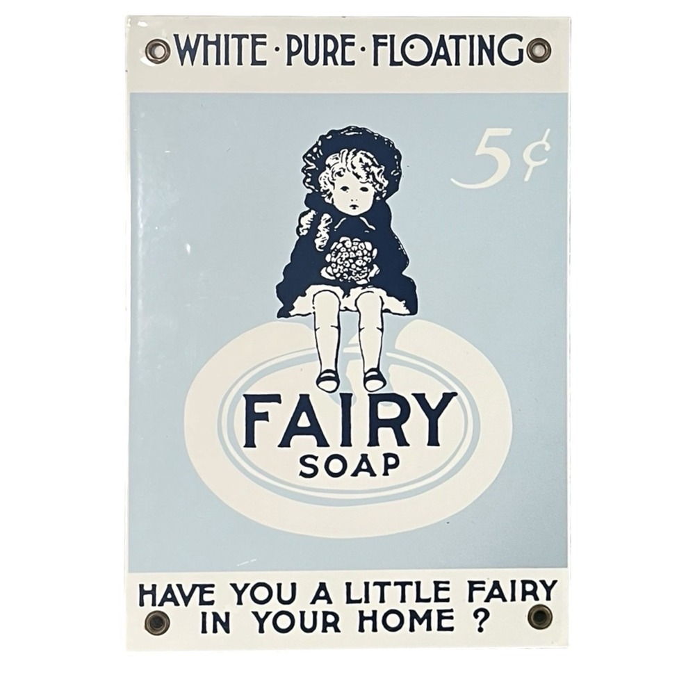 Vtg White-Pure-Floating Fairy Soap Porcelain Metal Sign Andy Rooney 10" X 7"